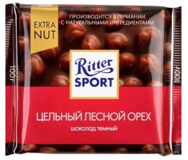 ПЛИТКА РИТТЕР СПОРТ темный цельный лесной орех 100гр 1/10