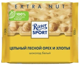 ПЛИТКА РИТТЕР СПОРТ белый лесной орех и хлопья 100гр 1/10