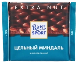 ПЛИТКА РИТТЕР СПОРТ темный цельный миндаль 100гр 1/11