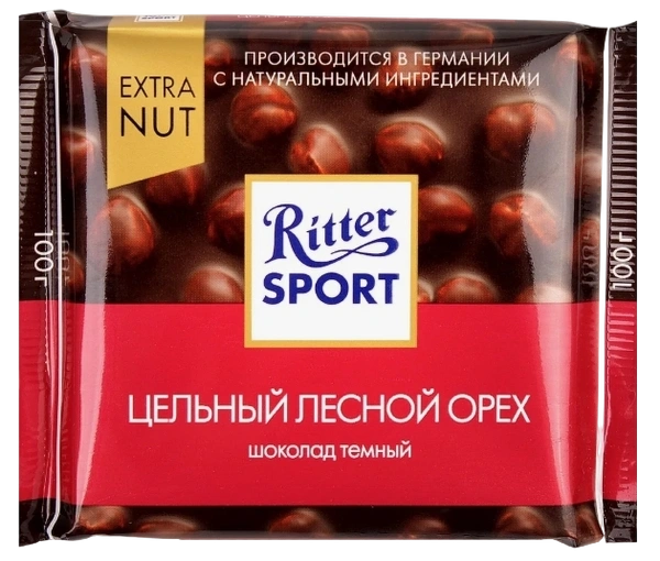 ПЛИТКА РИТТЕР СПОРТ темный цельный лесной орех 100гр 1/10 фото 1