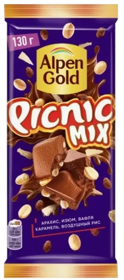 ПЛИТКА ПИКНИК Арахис Изюм Возд рис Карамель Ваф крошка 130 1/15 фото 1