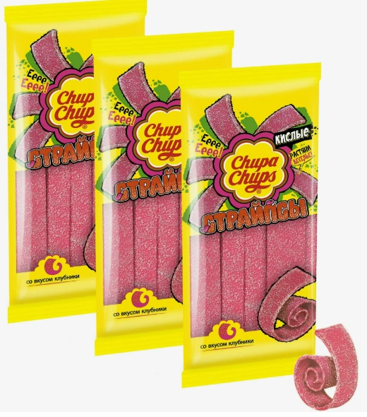 МРМ чупс кислые СТРАЙПСЫ 120гр 1/18 БОЛЬШОЙ ПАКЕТ КЛУБНИКИ фото 1